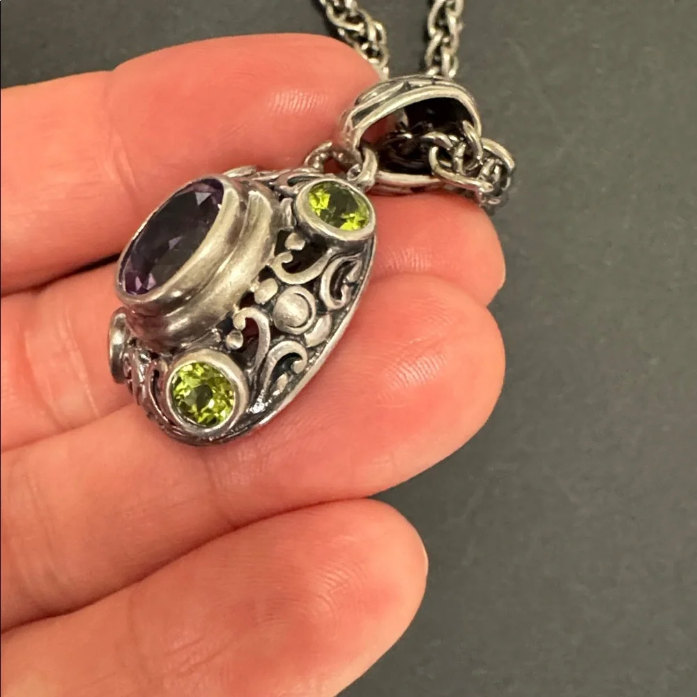 Vintage 925 Italy Amethyst Peridot Filigree Necklace 18